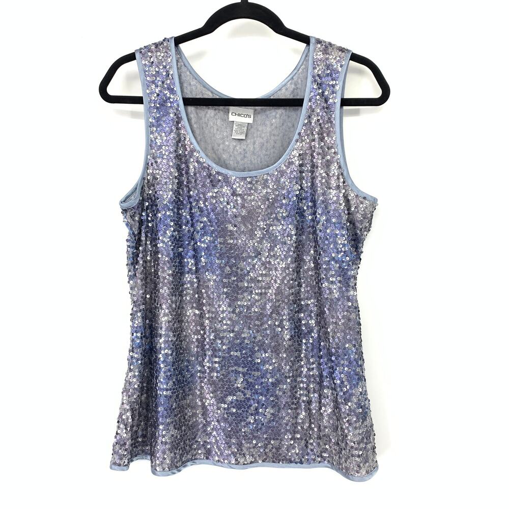 Chicos Scoop Neck Sleeveless Tank Top Womens Sz 3 US XL Gray Blue Sequins